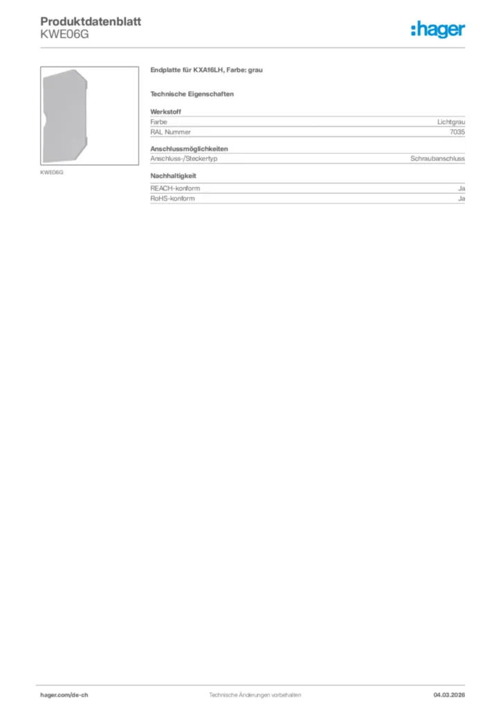 Bild Hager Produktdatenblatt KWE06G | Hager Schweiz