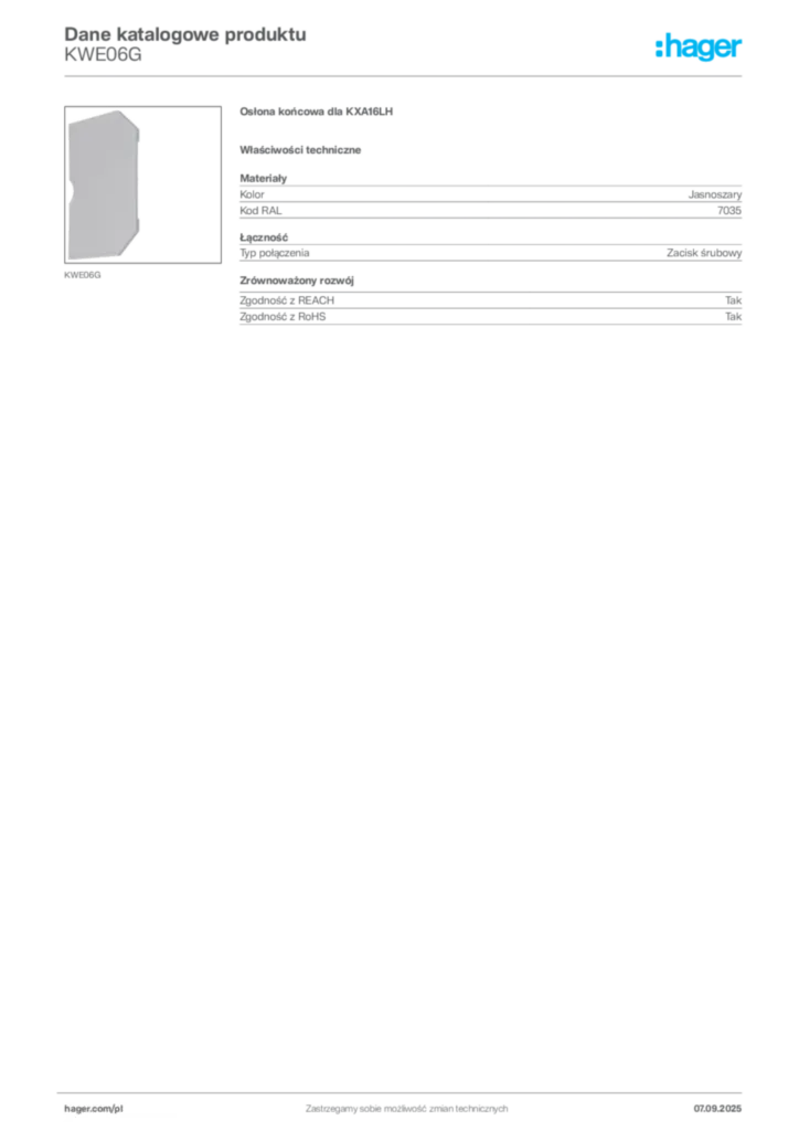 Zdjęcie Hager Dane katalogowe produktu KWE06G | Hager Polska