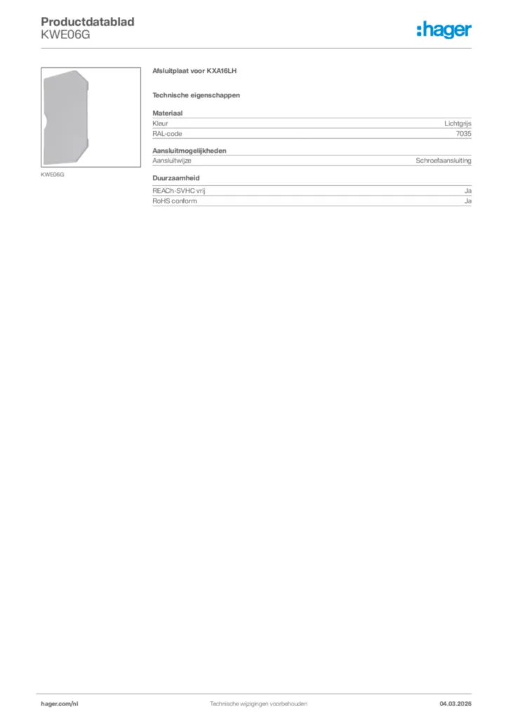 Afbeelding Hager Productdatablad KWE06G | Hager Nederland
