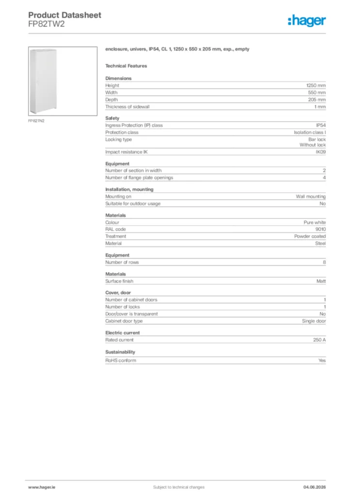 Image Hager Product data sheet FP82TW2  | Hager