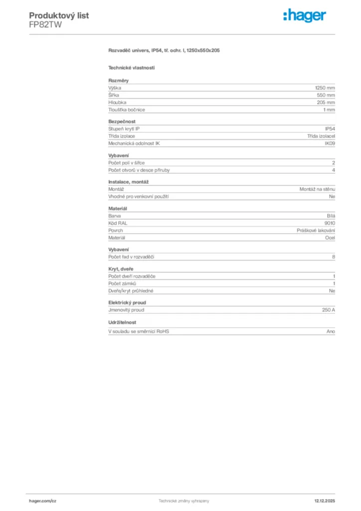Obrázek Hager Produktový list FP82TW | Hager
