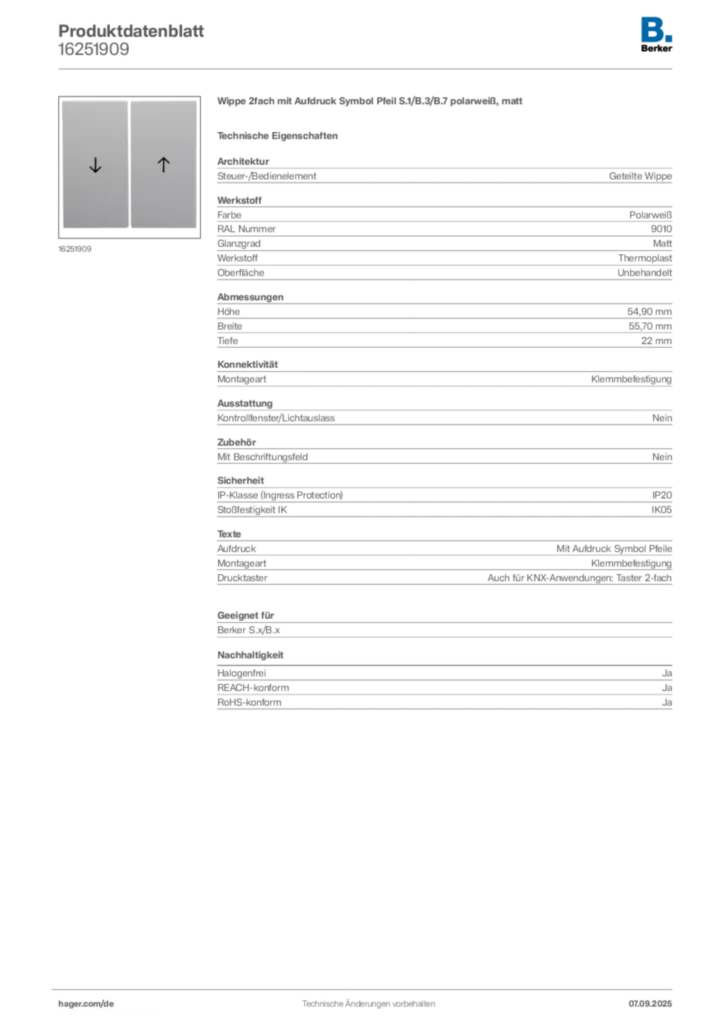 Bild Berker Produktdatenblatt 16251909 | Hager Deutschland