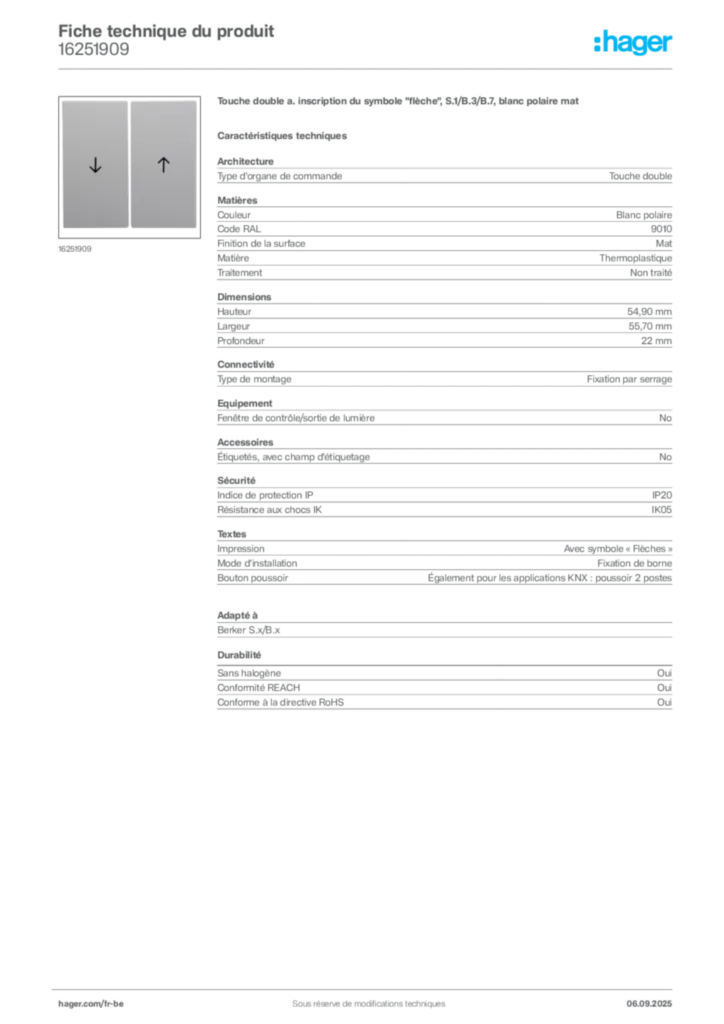 Image Hager Fiche technique du produit 16251909 | Hager Belgique