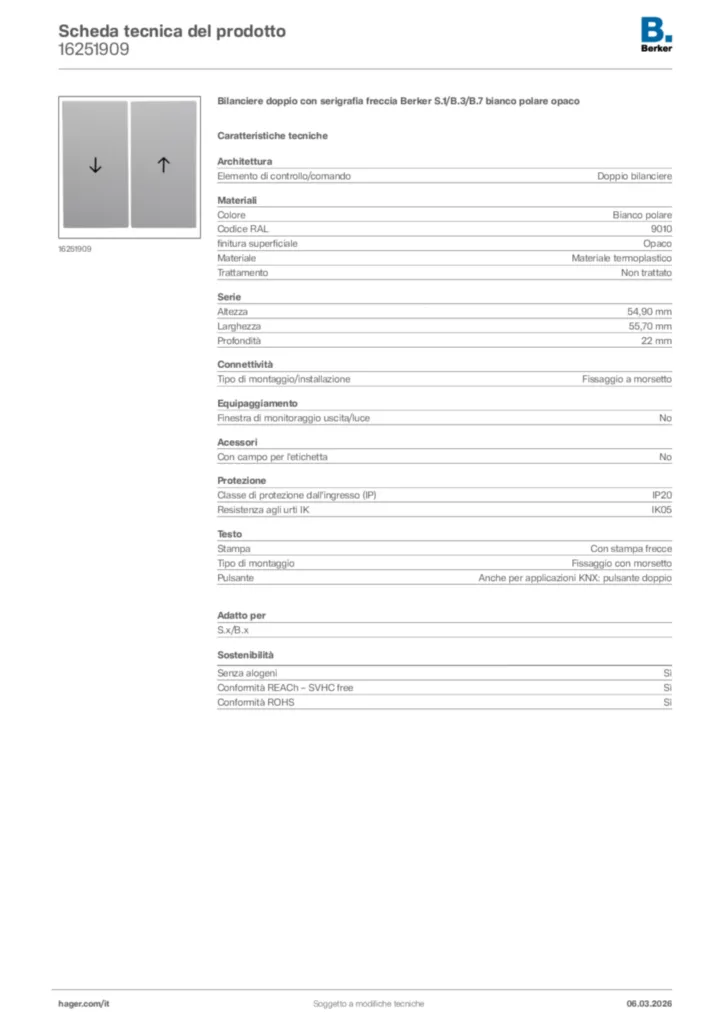 Immagine Berker Scheda tecnica del prodotto 16251909 | Hager Italia