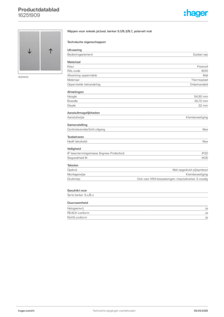 Afbeelding Hager Productdatablad 16251909 | Hager Nederland