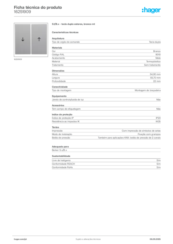 Imagem Hager Ficha técnica do produto 16251909 | Hager Portugal