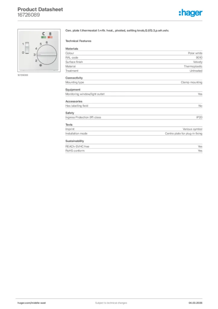 Image Hager Product data sheet 16726089  | Hager