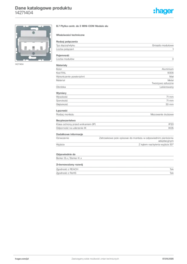 Zdjęcie Hager Dane katalogowe produktu 14271404 | Hager Polska