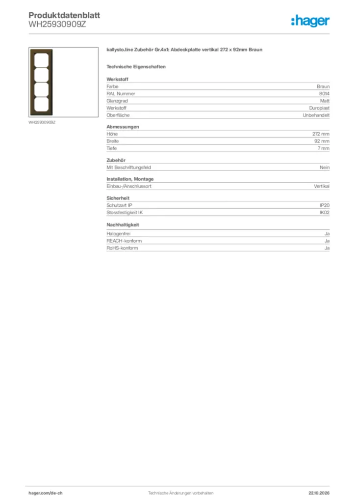 Bild Hager Produktdatenblatt WH25930909Z | Hager Schweiz