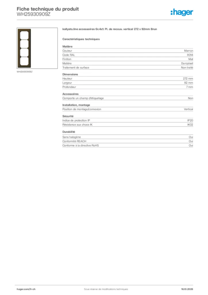 Image Hager Fiche technique du produit WH25930909Z | Hager Suisse