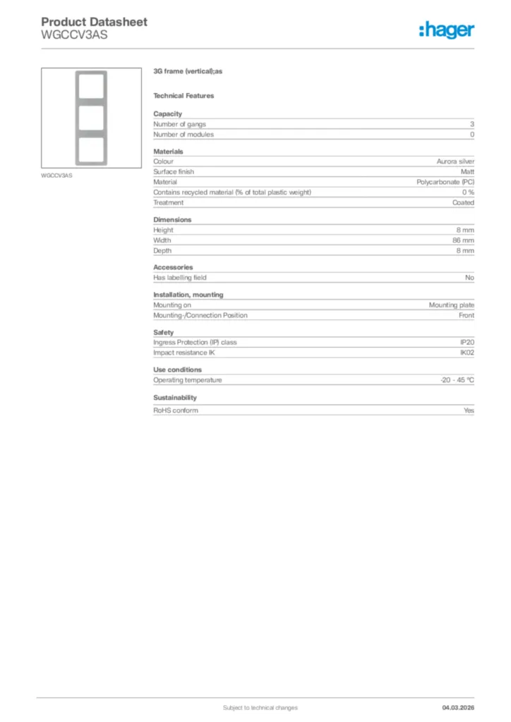 Image Hager Product data sheet WGCCV3AS  | Hager Africa