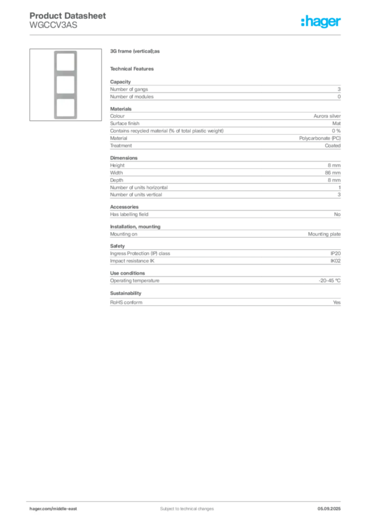 Image Hager Product data sheet WGCCV3AS  | Hager
