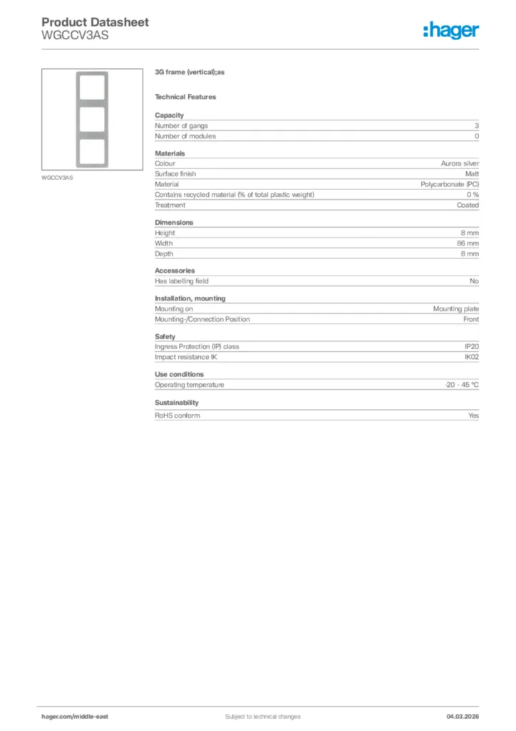 Image Hager Product data sheet WGCCV3AS  | Hager