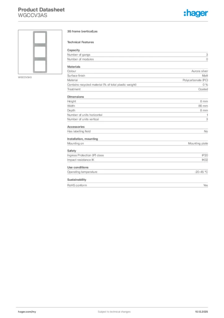 Image Hager Product data sheet WGCCV3AS  | Hager