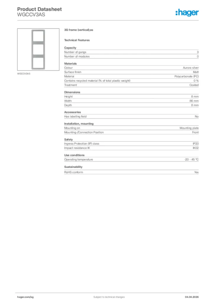 Image Hager Product data sheet WGCCV3AS  | Hager