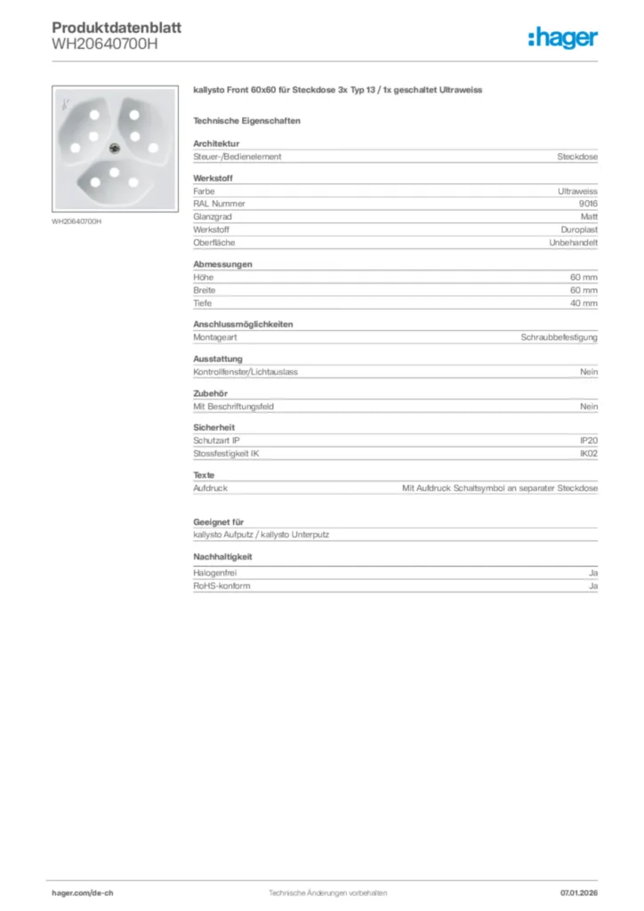 Bild Hager Produktdatenblatt WH20640700H | Hager Schweiz