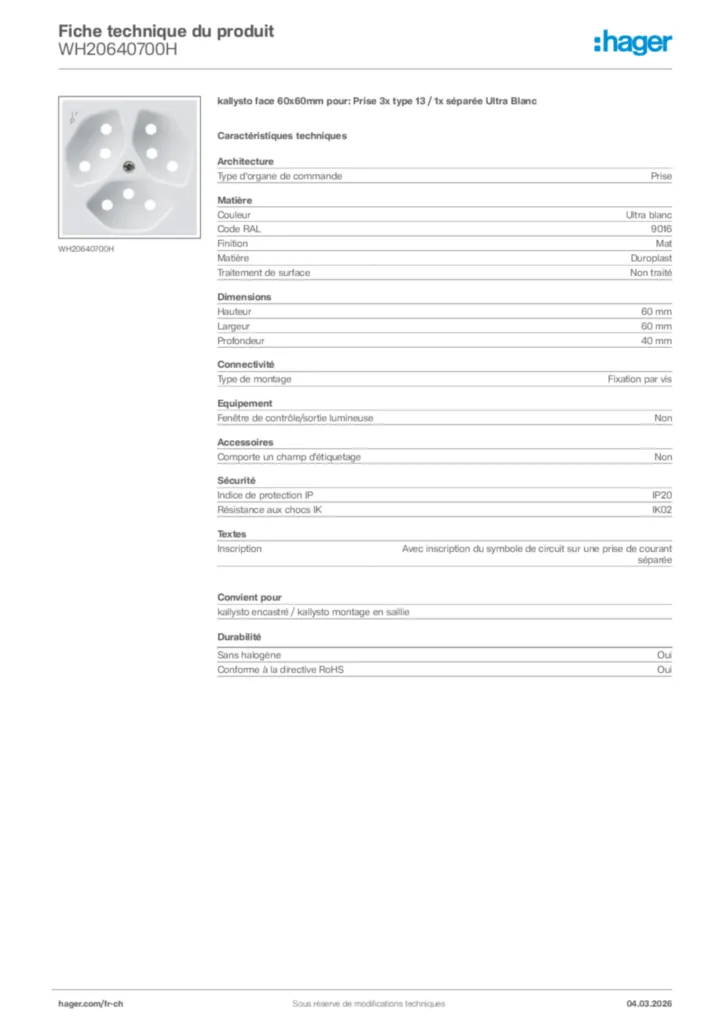 Image Hager Fiche technique du produit WH20640700H | Hager Suisse