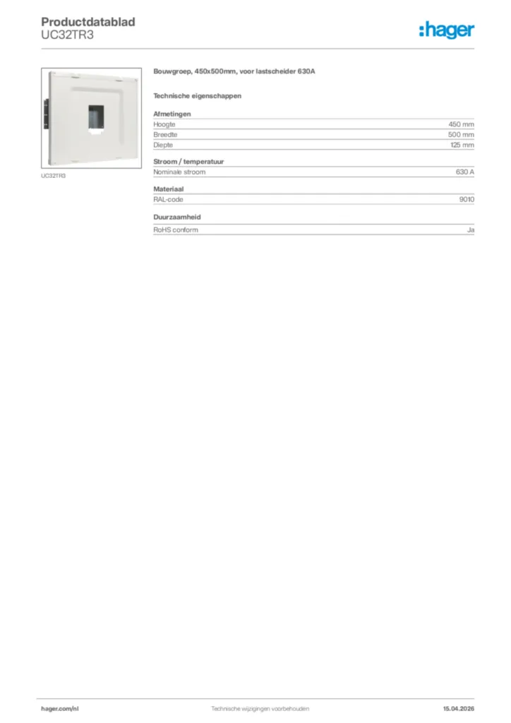 Afbeelding Hager Productdatablad UC32TR3 | Hager Nederland