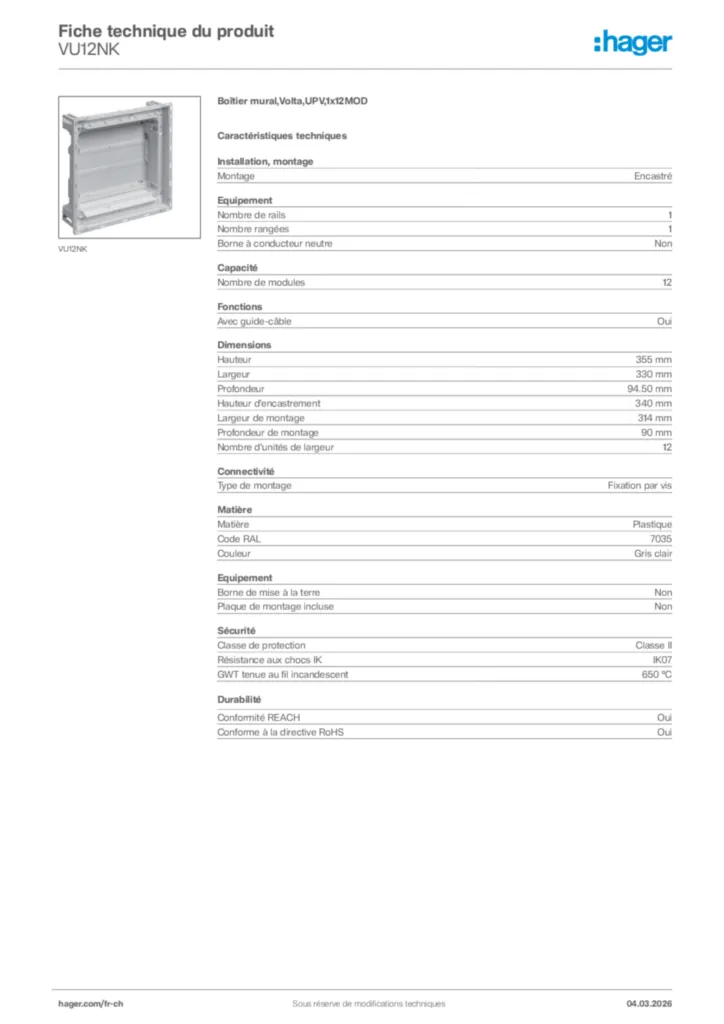Image Hager Fiche technique du produit VU12NK | Hager Suisse