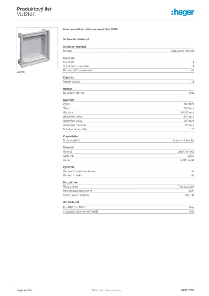 Obrázek Hager Product data sheet VU12NK | Hager