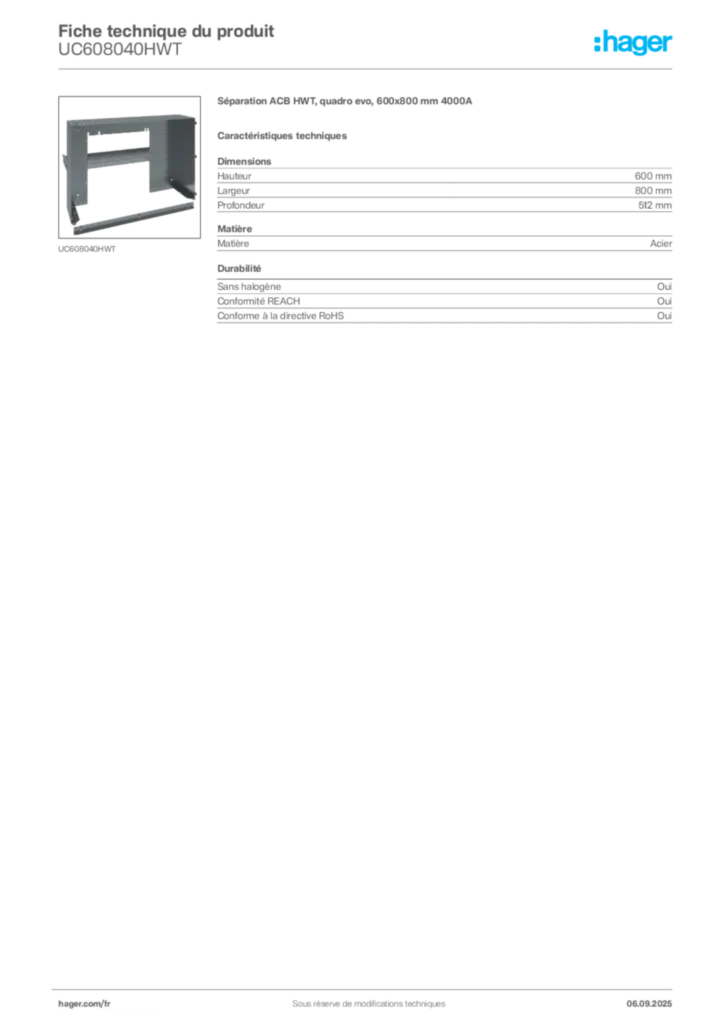 Image Hager Fiche technique du produit UC608040HWT | Hager France