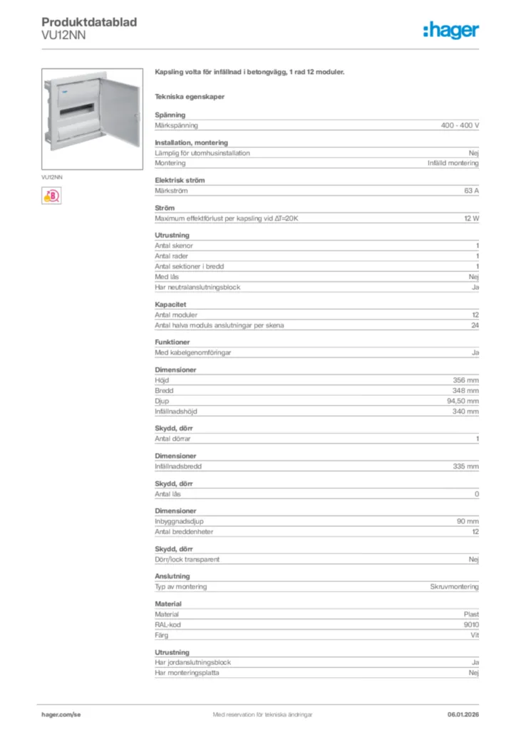 Bild Hager Produktdatablad VU12NN | Hager Sverige