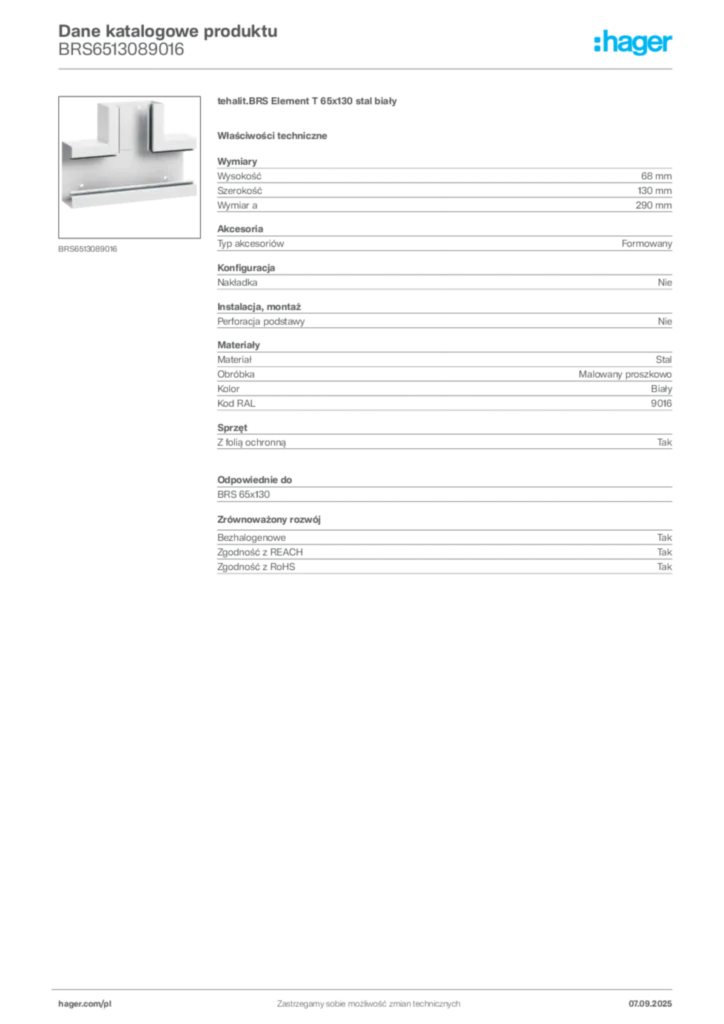 Zdjęcie Hager Dane katalogowe produktu BRS6513089016 | Hager Polska