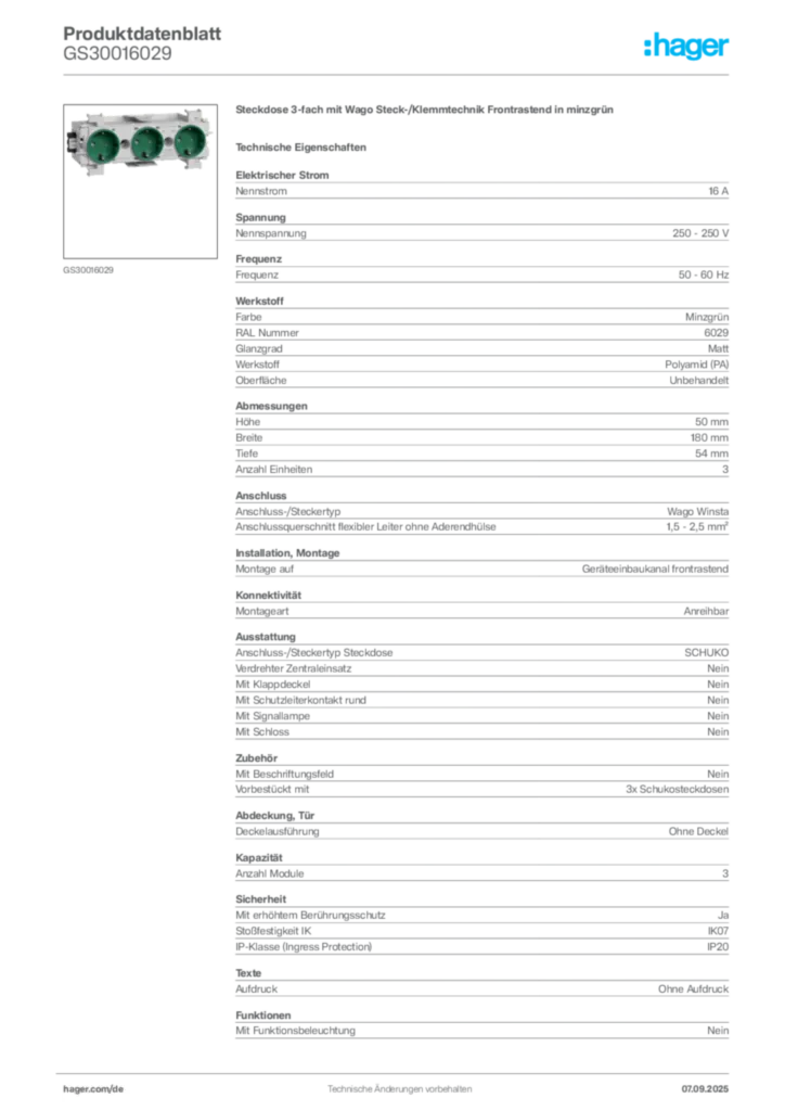 Bild Hager Produktdatenblatt GS30016029 | Hager Deutschland