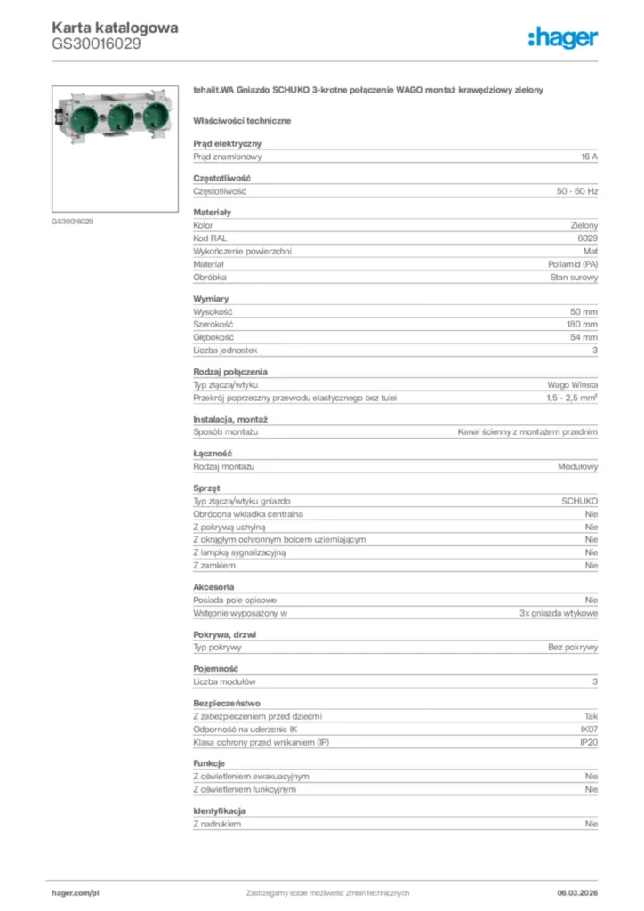 Zdjęcie Hager Karta katalogowa GS30016029 | Hager Polska