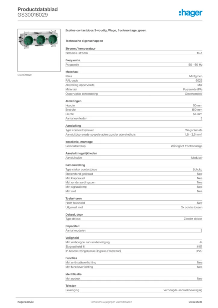 Afbeelding Hager Productdatablad GS30016029 | Hager Nederland