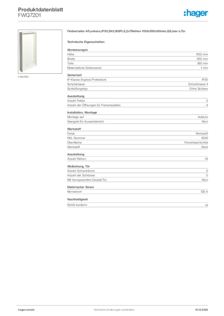 Bild Hager Produktdatenblatt FWQ72D1 | Hager Deutschland