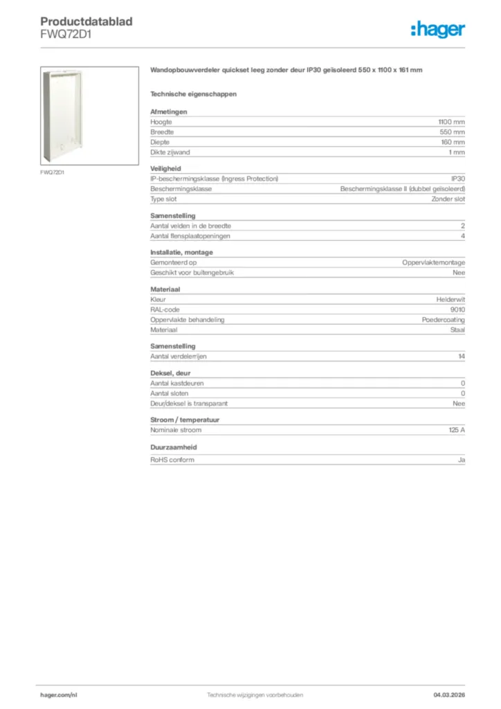 Afbeelding Hager Productdatablad FWQ72D1 | Hager Nederland