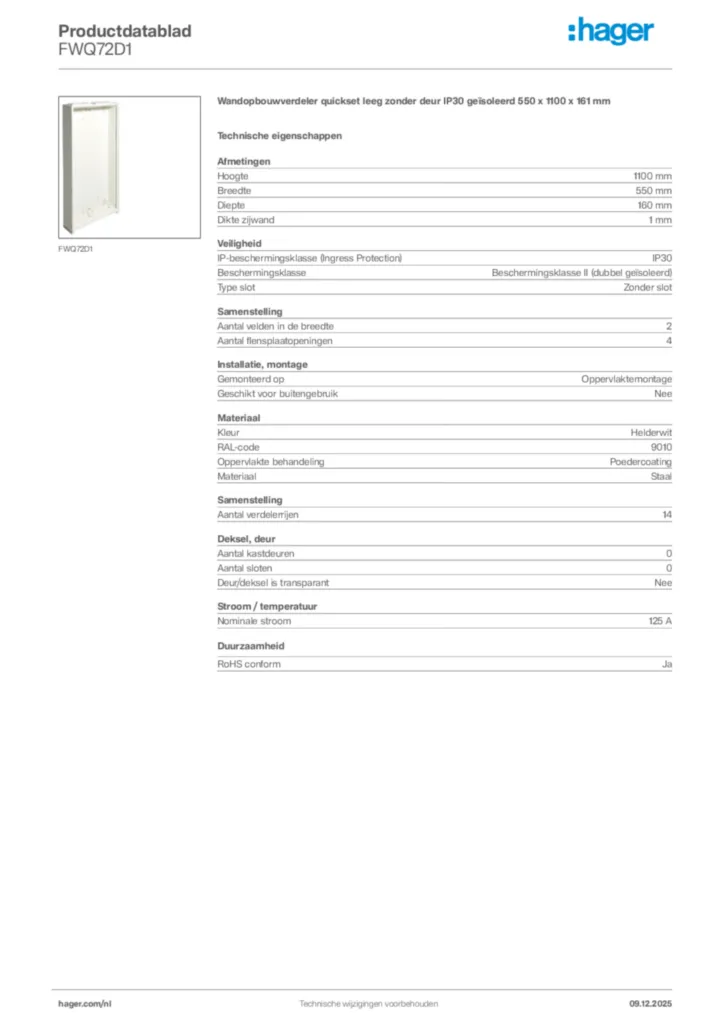 Afbeelding Hager Productdatablad FWQ72D1 | Hager Nederland