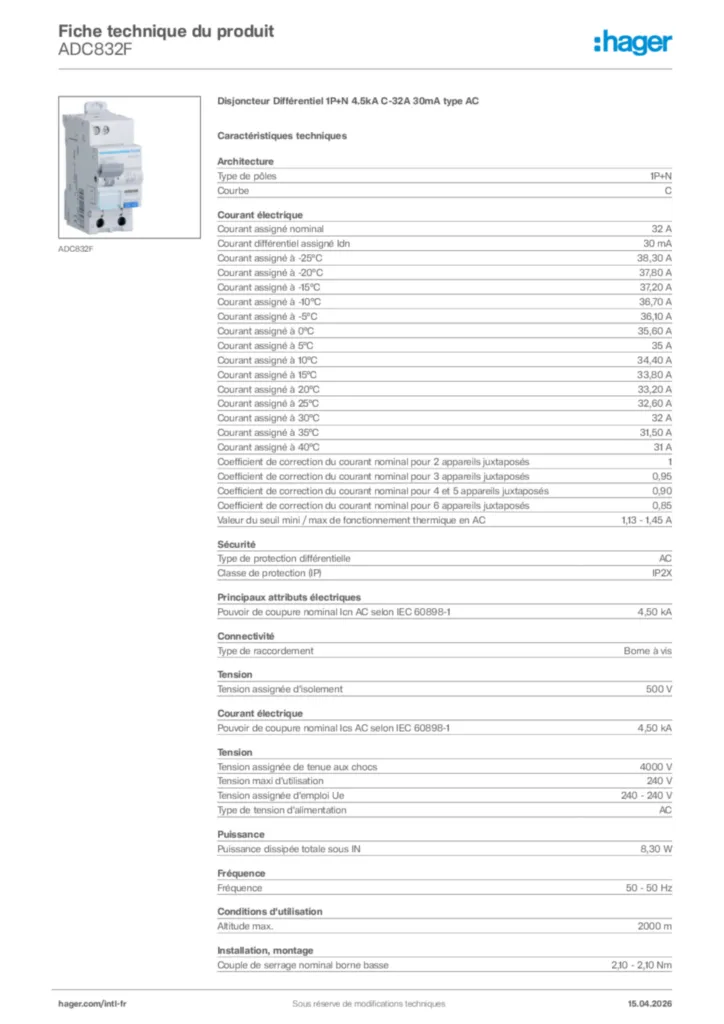 Image Hager Fiche technique du produit ADC832F | Hager Afrique