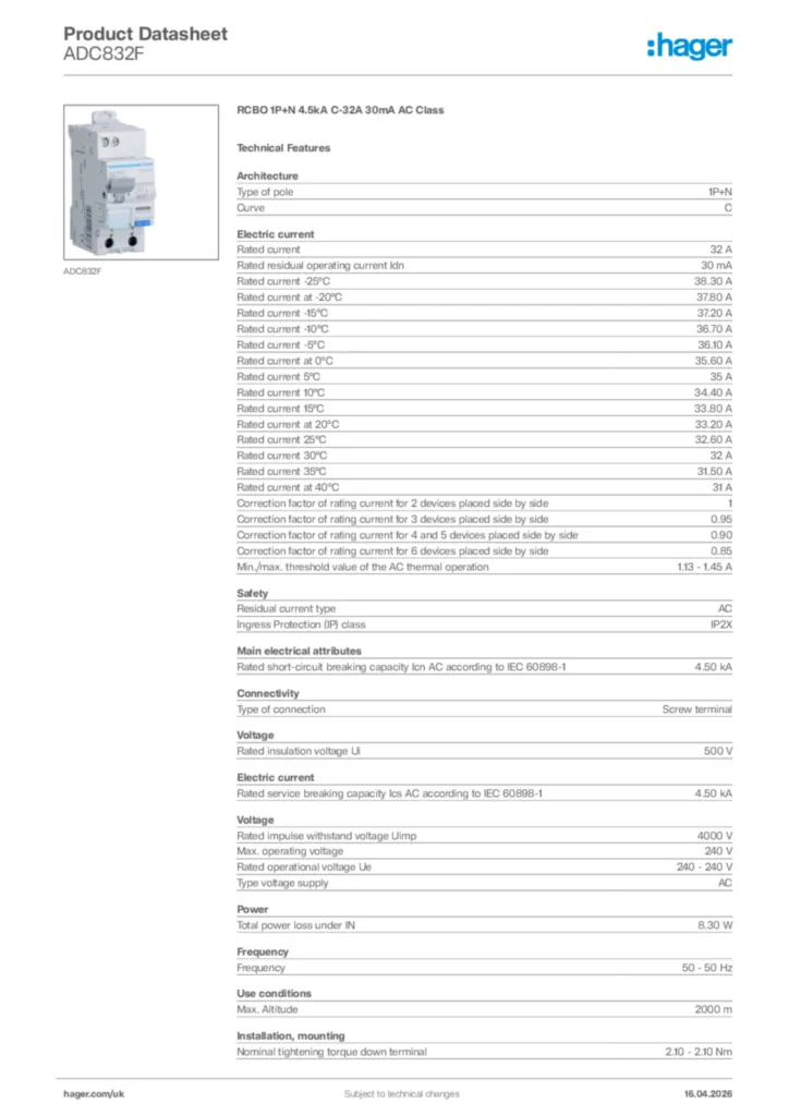 Image Hager Product data sheet ADC832F  | Hager