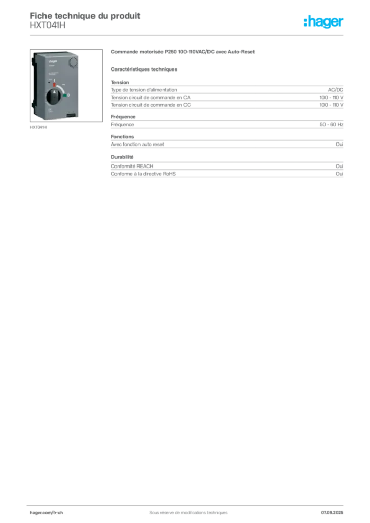 Image Hager Fiche technique du produit HXT041H | Hager Suisse
