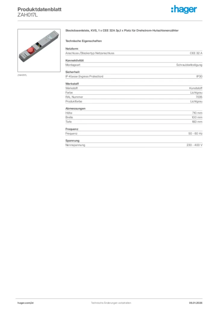 Bild Hager Produktdatenblatt ZAH017L | Hager Deutschland