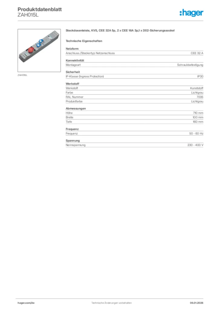 Bild Hager Produktdatenblatt ZAH015L | Hager Deutschland