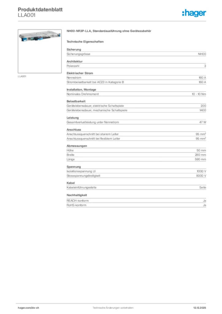 Bild Hager Produktdatenblatt LLA001 | Hager Schweiz
