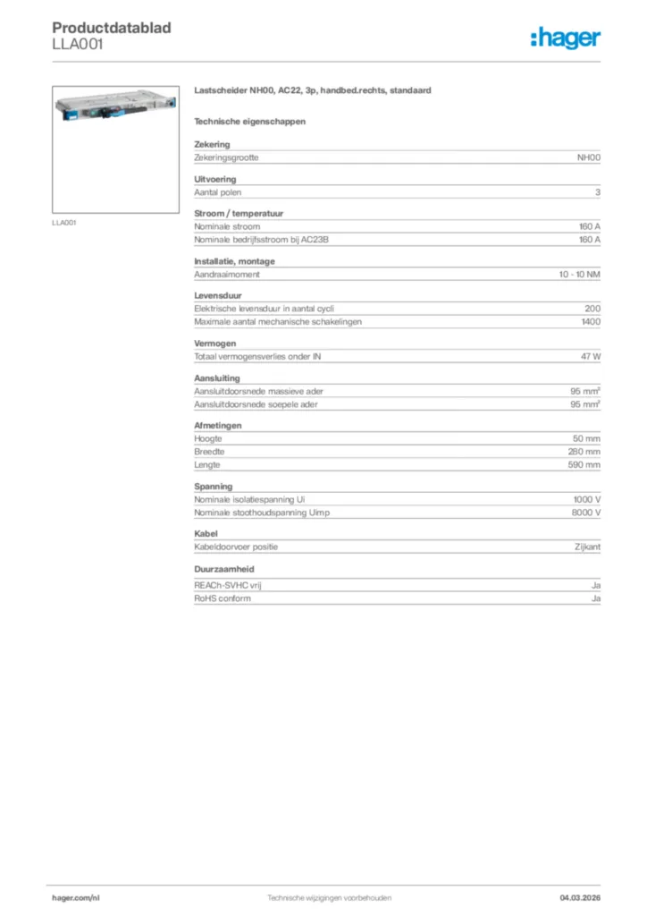 Afbeelding Hager Productdatablad LLA001 | Hager Nederland