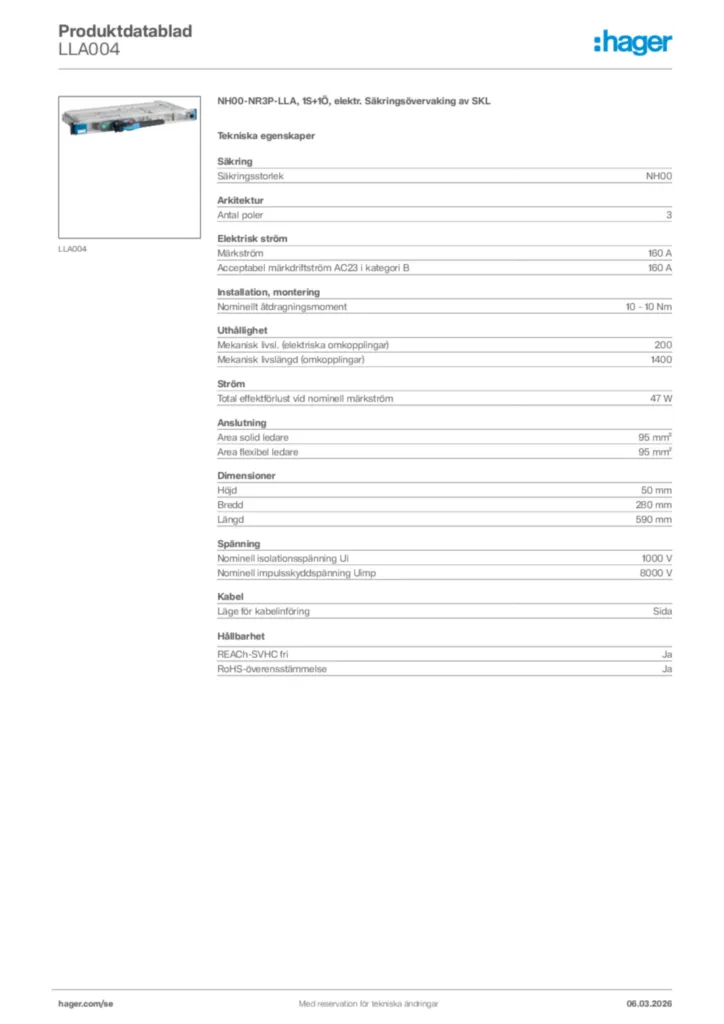 Bild Hager Produktdatablad LLA004 | Hager Sverige
