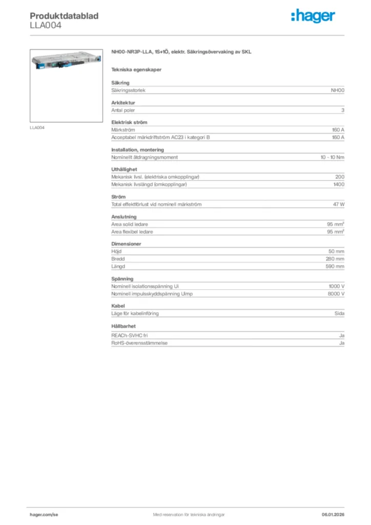 Bild Hager Produktdatablad LLA004 | Hager Sverige