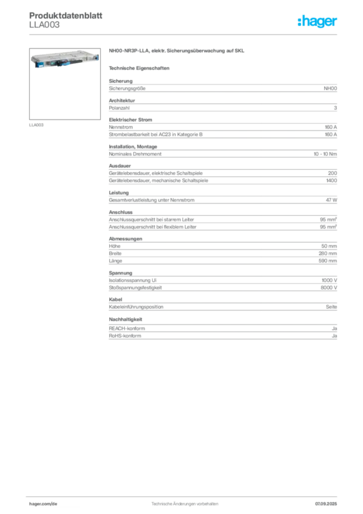 Hager Produktdatenblatt LLA003