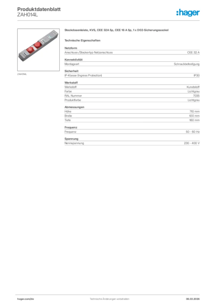Bild Hager Produktdatenblatt ZAH014L | Hager Deutschland