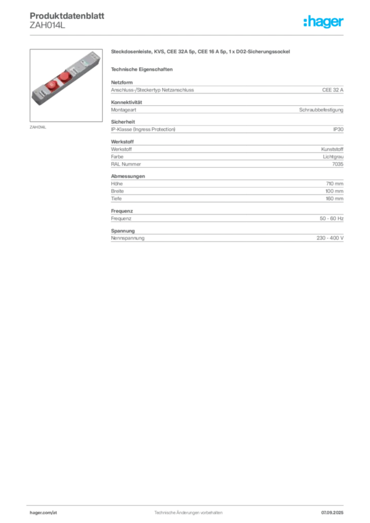 Bild Hager Produktdatenblatt ZAH014L | Hager Deutschland