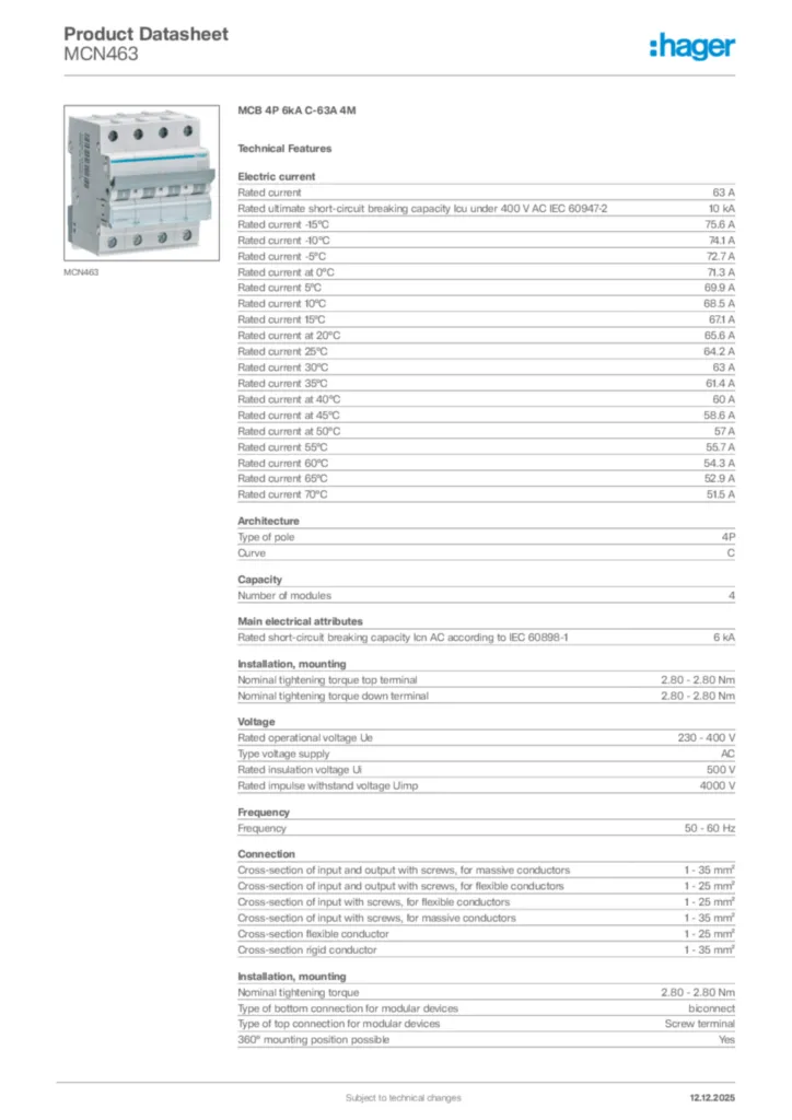 Image Hager Product data sheet MCN463  | Hager