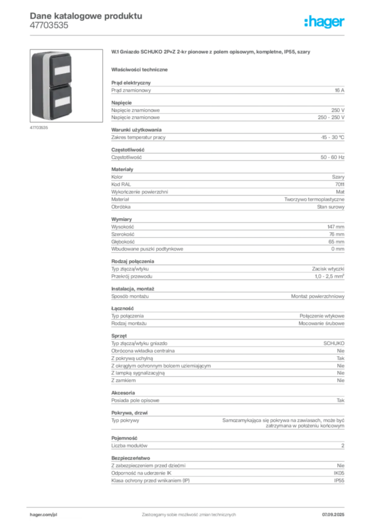 Zdjęcie Hager Dane katalogowe produktu 47703535 | Hager Polska