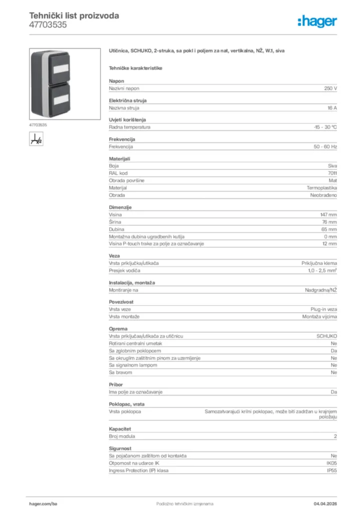 Slika Hager Tehnički list proizvoda 47703535  | Hager