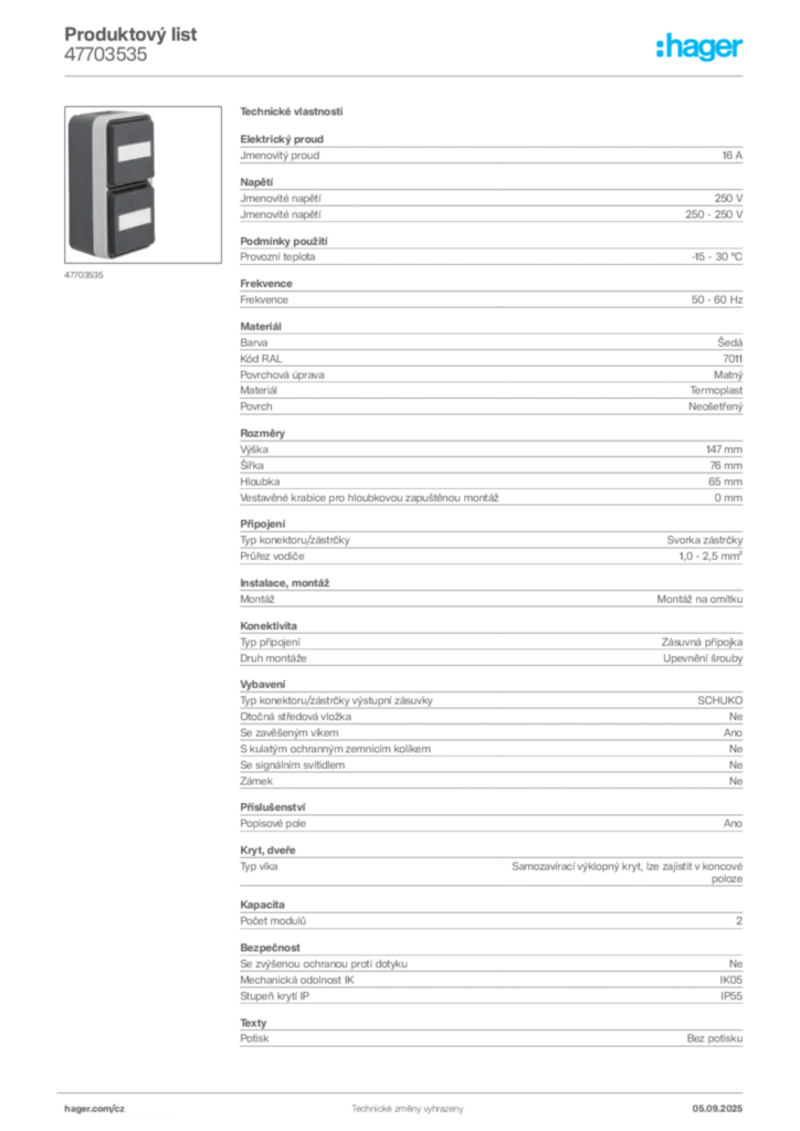 Obrázek Hager Produktový list 47703535 | Hager