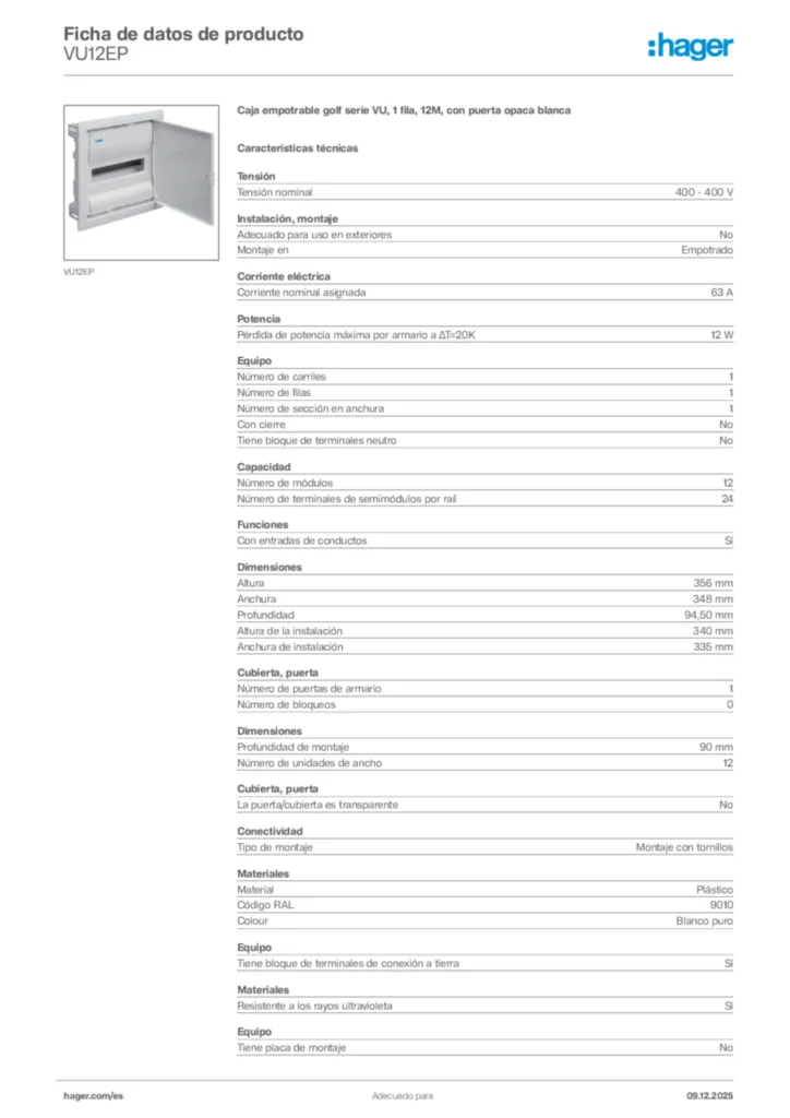 Imagen Hager Ficha de datos de producto VU12EP | Hager España